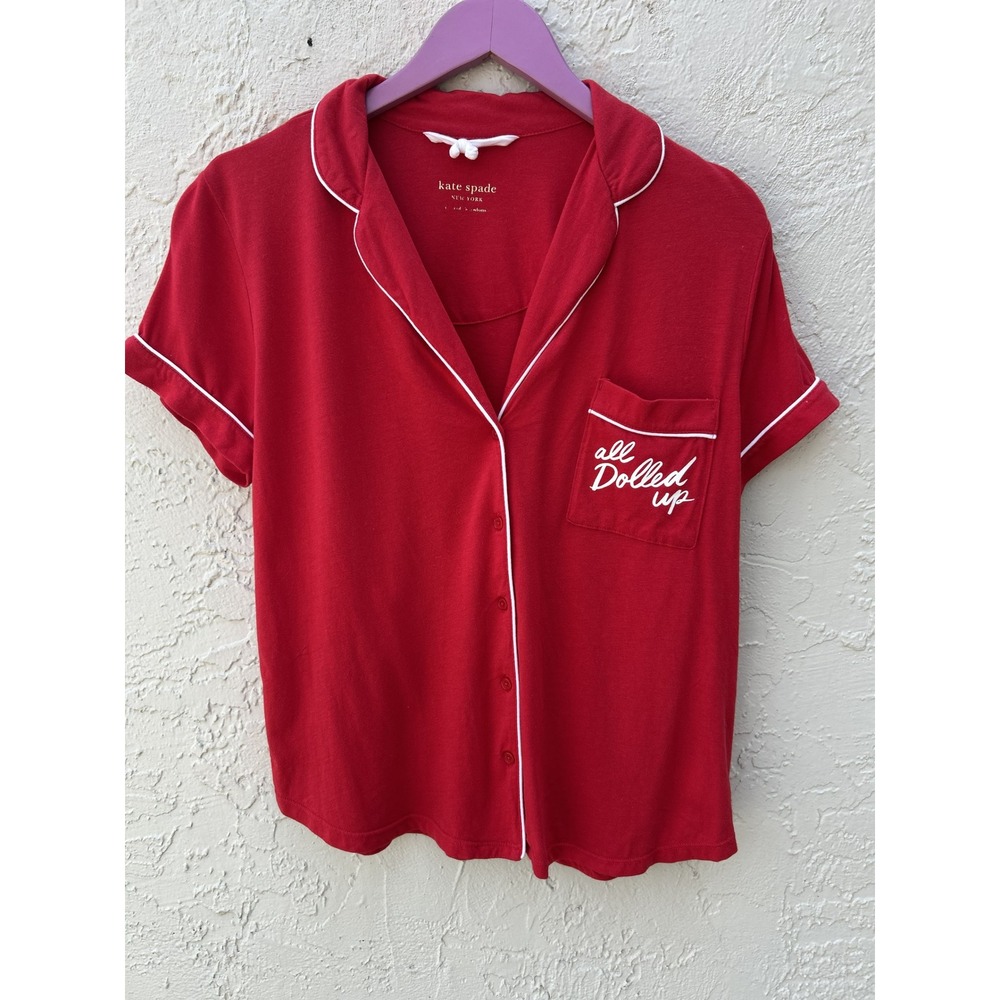 Kate Spade New York Red All Dolled Up Pajama Top Short Sleeve Button Down PJ L